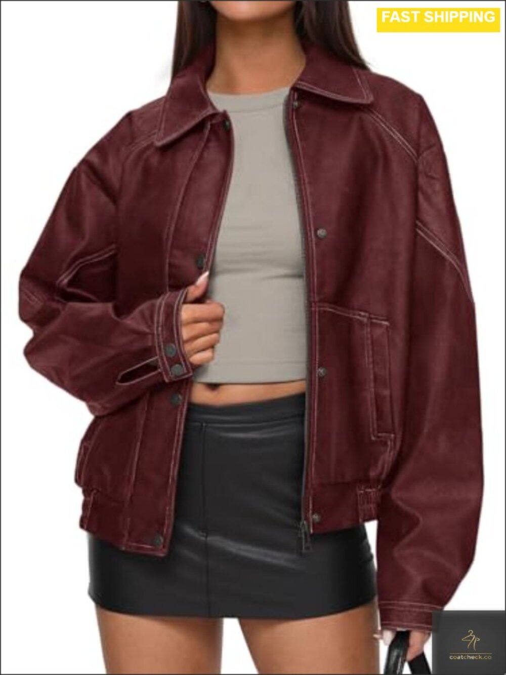 Oversized Faux Leather Jacket Moto Biker Button-Down Trench Coat